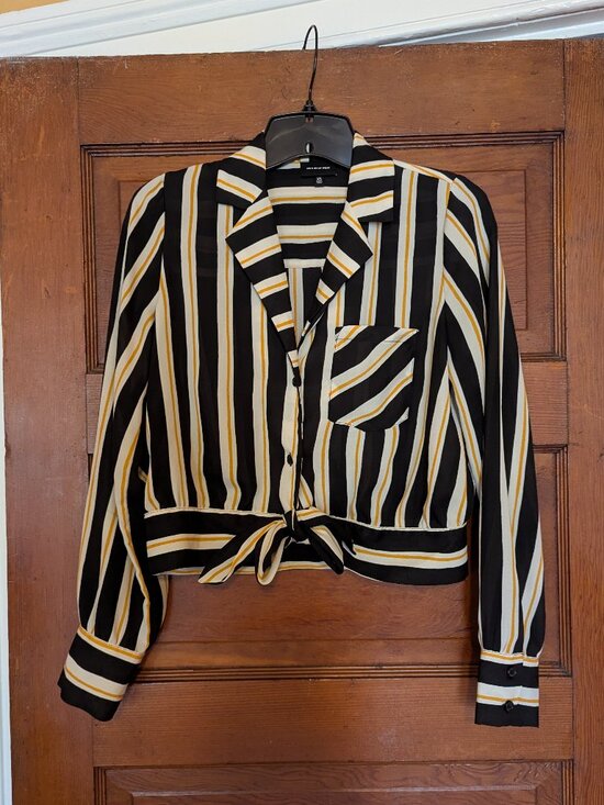 Who What Wear Tops - Who What Wear Striped Pattern Cropped Waist Tie Blouse